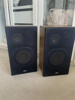 JVC S-40WE Vintage Bookshelf Speakers – Belgian-Made, Dark Wood, Grills – Clean 