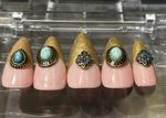 24 Gold French manicure & Gold Turquoise Charms Press-on Nails. Glue Inc. Strong