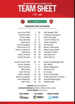 Fleetwood Town FC v Arsenal FC Team Sheet (Season 2026/2027) 