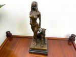 Bronze Sculpture Cleopatra with Panther Art Deco on Marble Base after Mangreb