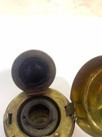 Vintage Brass Travel Inkwell Container with Hinged Lid Insert, Blue Ink