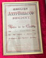 Antique Anti Tobacco Society certificate of membership. Dated 1879. Super Rare.
