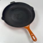 LeCreuset 12” Enamel cast iron skillet orange double spout