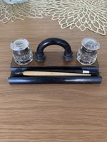 Antique F.C. Osler Inkwell Stand Glass Pots Dip Pen Wooden Desk Set