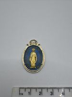 Vintage German Miraculous Medal Virgin Mary Blue Enamel Religious Pendant