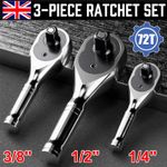 3Pc Stubby Ratchet Handle Set 1/4" 3/8" 1/2" Short Socket Wrench Reversible Set