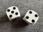 Pair of  16mm Precision Backgammon Dice. No serial numbers. White/Black Pips.