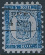 FINLAND / SUOMI - 1864 5Kop blue Coat of Arms, roulette I, used – Facit # 3C1La