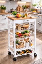 5 Tier Kitchen Trolley Mobile Rolling Island 1 Drawer, 2 Basket Shelf Wine Rack