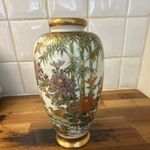 Satsuma Japanese Hand Painted Porcelain Vase, Bamboo Floral Bird Design