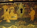1800s Chinese Export Gilt Black Lacquer Tea Caddy Box Qing Hinged Lead Liner