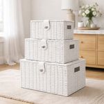Wicker Storage Basket White x3 Laundry Hamper Stackable Lid Lock Home Decor