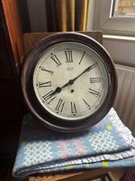 Antique 16" Mahogany Smiths Enfield Station Kitchen Round Wall Hanging Clock