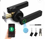 Fingerprint Biometric Smart Door Lock Handle, Black Matte Metal, App, Key Fob