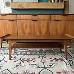 Mid Century Teak Coffee Table by Myer Vintage 1960s Pagoda Sleigh Magazine Rack