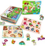 Wooden Peg Puzzles 6 Pcs Montessori Jigsaw Puzzle Board for Toddlers Farm Animal