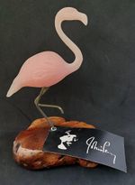 Vintage c1986 Sculpture Pink Flamingo on Burlwood by John Perry U.S.A Signed
