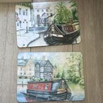 Set of 2 Cork Backed Placemat Set, Canal Boat England Pictorial Design