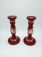 Vintage Hand Etched Bohemian Ruby Red Cut to Clear Glass Czech Candle Holders.