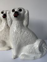 Antique Tall Staffordshire Flat Back Spaniel Wally Dogs White Gold 19th Century