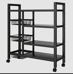Black Carbon Steel 4-Tier Freestanding Shelf with Wheels 108x80x32cm