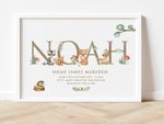 Personalised Baby Name Print Woodland Forest Animals Birth Details 