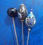 3 x ANTIQUE VICTORIAN / EDWARDIAN ERA STEEL HAT PINS WITH ENAMEL / CERAMIC TOPS
