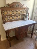 Wood Marble-Top Cabinet with Floral Ceramic Tile Back, Carvings, 1 Door