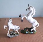 Pair White Unicorn Ornaments/Figurines - Rearing Unicorn & Foal, Mythical