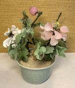 Vtg Chinese Bonsai Tree Jade Glass Leaves Pink White Flowers Green Celadon Pot