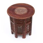 Indian Handcarved 15 Inch Wooden Side/End Table with Brass Inlay on Floral Motif