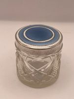 Guilloche enamel Antique Art Deco vanity jar with silver plated lid