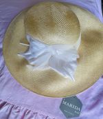 Marida  Wedding/Ascot Hat, Natural Straw Colour, Cream/White Flower, Pleat Trim 