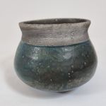 Studio Pottery Vase Textured Rim Metallic Blue Glaze 10cm High "JB" Monogram 