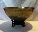VINTAGE ENGRAVED BRASS CHINESE / TIBETAN RINGING BOWL ON WOOD STAND DECROTIVE