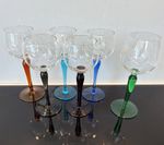 Set of 6 Vintage Glass Wine Glasses with Coloured Stems (Green slightly larger)