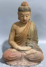 9.2" Old China Wood Painted Carving Feng Shui Shakyamuni Buddha Statue
