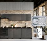 Kitchen Cabinets 8 Unit Complete Kitchenette with Sink Black Grey 240cm Set Lina