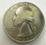 1935 USA Quarter 25 Cents Coin, Silver 0.9, 24.26mm, F Fine