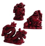 Dragon Laughing Buddha Red Resin Figurines Set Chinese Feng Shui