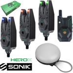 Sonik Hero X Bite Alarm Set Carp Coarse Fishing Alarms 3+1 With Receiver & Light