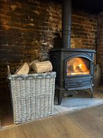Square Grey-wash Wicker Log Fireside Storage Basket with Mulberry Liner
