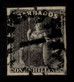 BARBADOS 1858 1s BRITANNIA, SG 12a, FOUR MARGINS, USED, CAT. £85