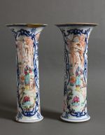 1700s Chinese Export pair Mandarin Gu vases, Trumpet Vases. Kintsugi repair.