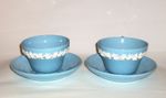 Wedgwood Etruria Barlaston Set of 2 White on Blue Demitasse Cups & Saucers
