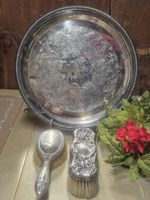 Vintage Sterling Silver Vanity Brushes & Ornate Silverplate Tray Lot of 3 Floral