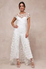 Lulus White Floral Embroidered Overlay Jumpsuit Women's XL NWOT