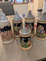 Set of 5 Small German Vintage Beer Steins with Pewter Lids. Excellent Condition