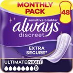 Always Discreet Incontinence Pads Women Ultimate Night 48 Count Extra Secure & D