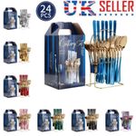 24PC CUTLERY DINNER SET STAINLESS STEEL METAL STAND RACK FORKS TEA SPOONS POLISH